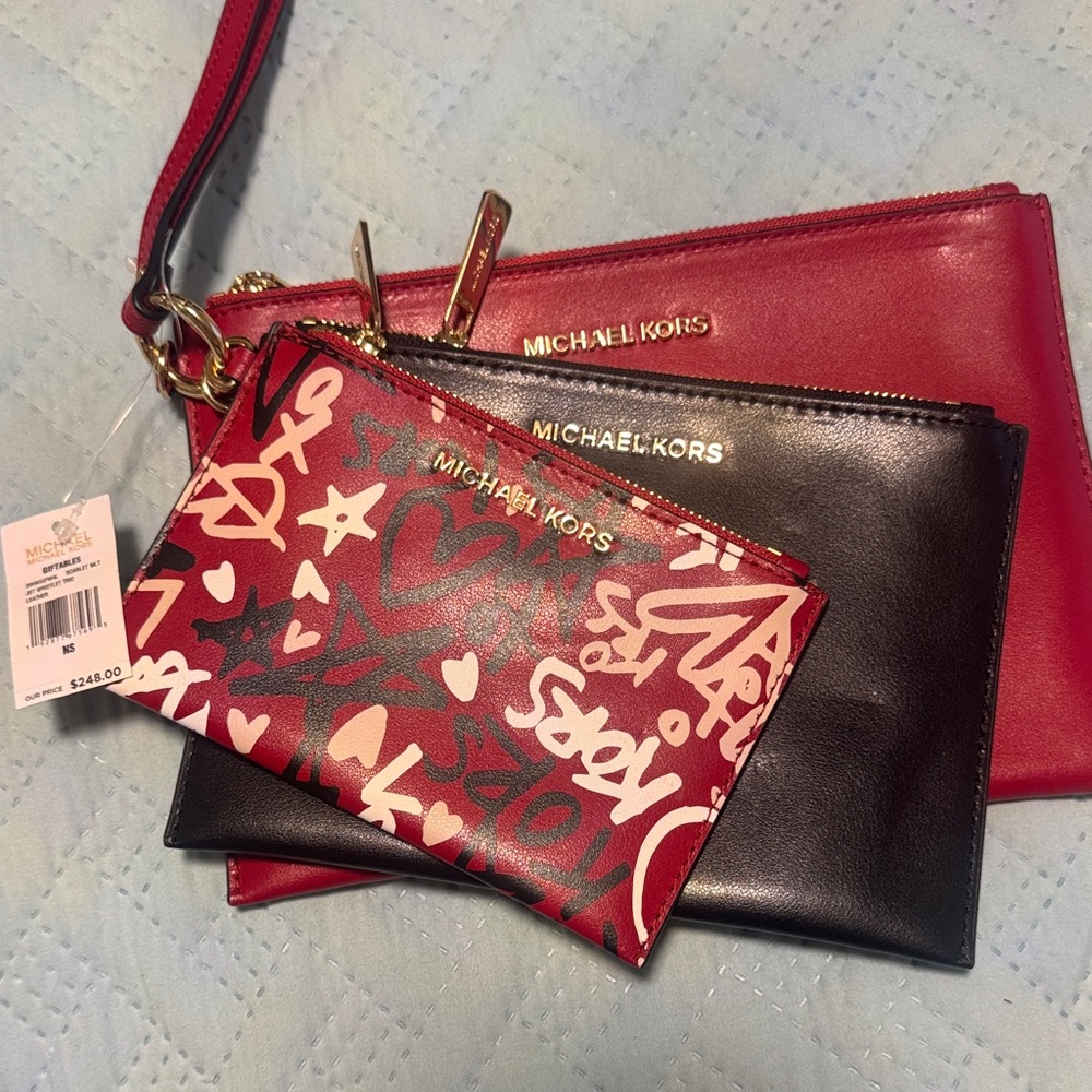 Michael Kors Red and Black Graphic Wristlet Trio